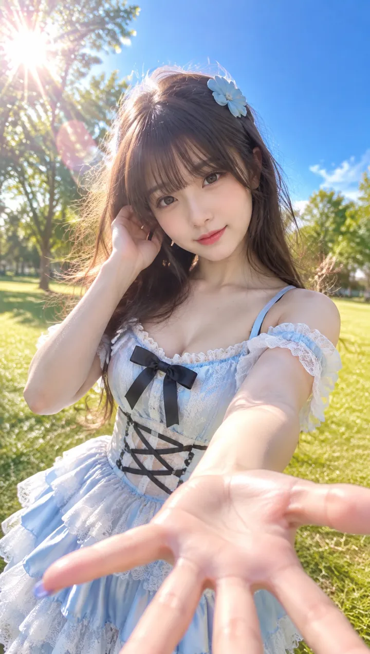 夏日公园广角自拍逆光人像 AI 绘画提示词