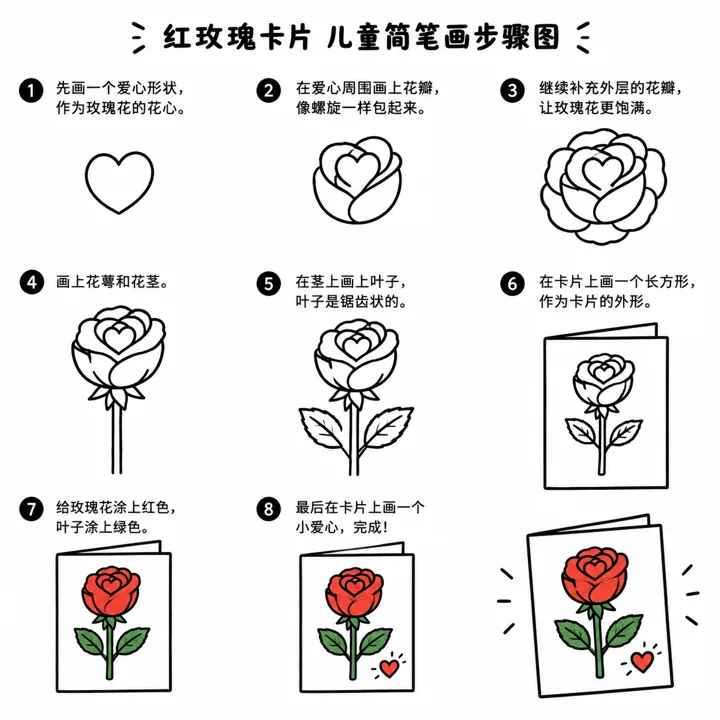 少儿简笔画用螺旋花瓣画出红玫瑰卡片