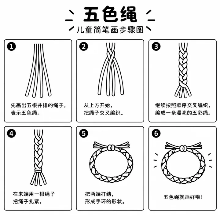 线条简笔画教你画五色绳的编织全过程
