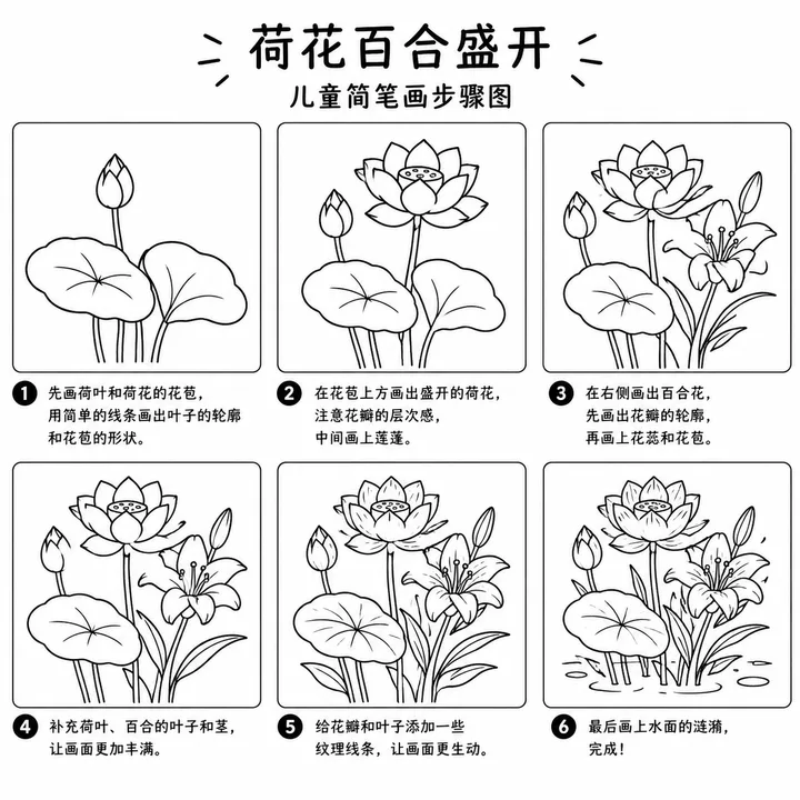 少儿简笔画｜盛放荷花百合手绘小景