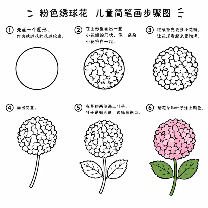 简笔画手绘粉色绣球花，团簇饱满新手友好