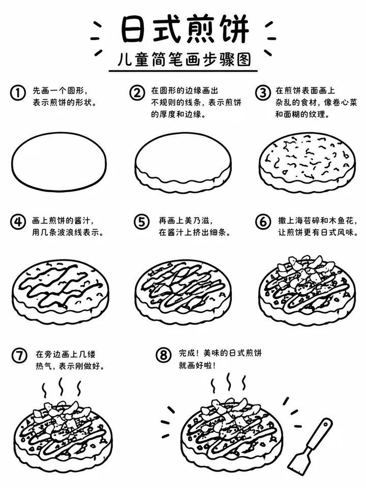 日式煎饼手绘简笔画，留白几笔勾出热乎气