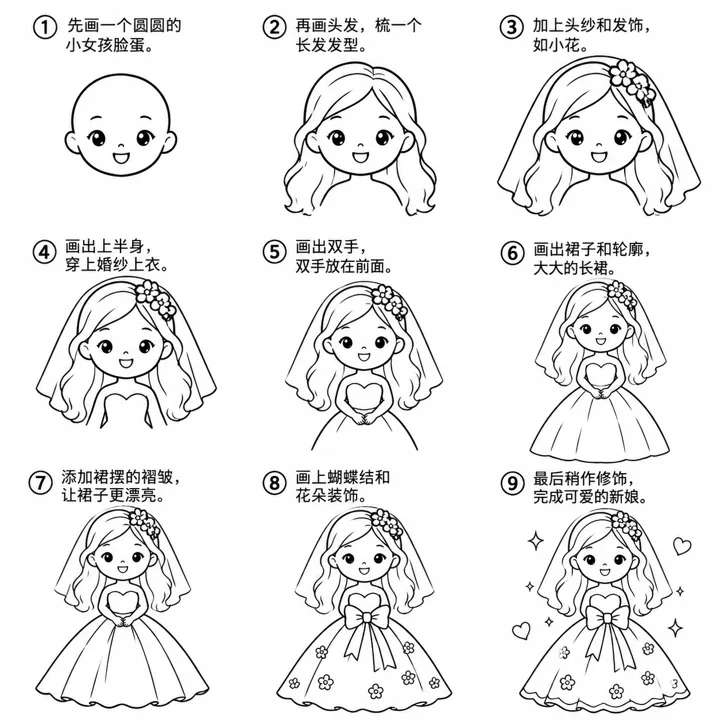 简笔画图片：优雅白纱小新娘的渐进式画法