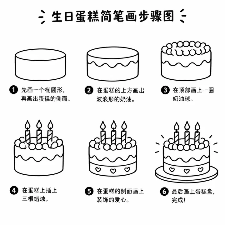 幼儿简笔画生日蛋糕，圆润线条轻松描