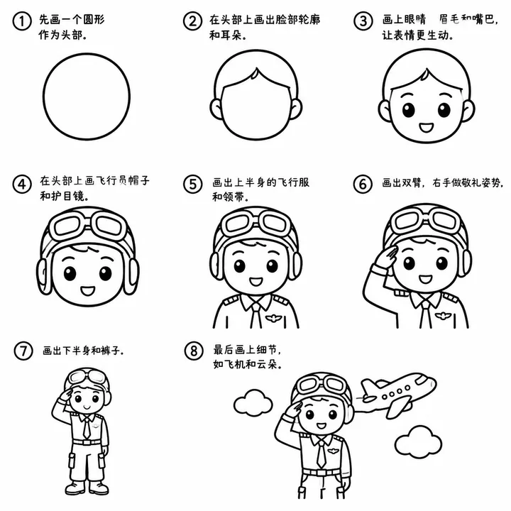 飞行员简笔画步骤图，零基础也能勾勒蓝天梦