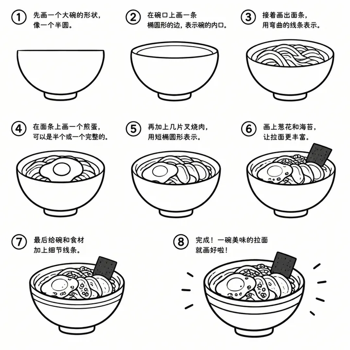 拉面简笔画手把手八步完成