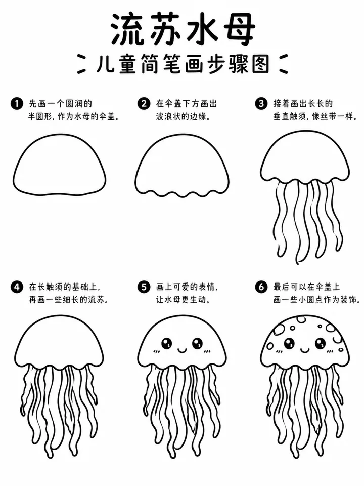 简笔画图片大全：圆滚流苏水母手绘小教程