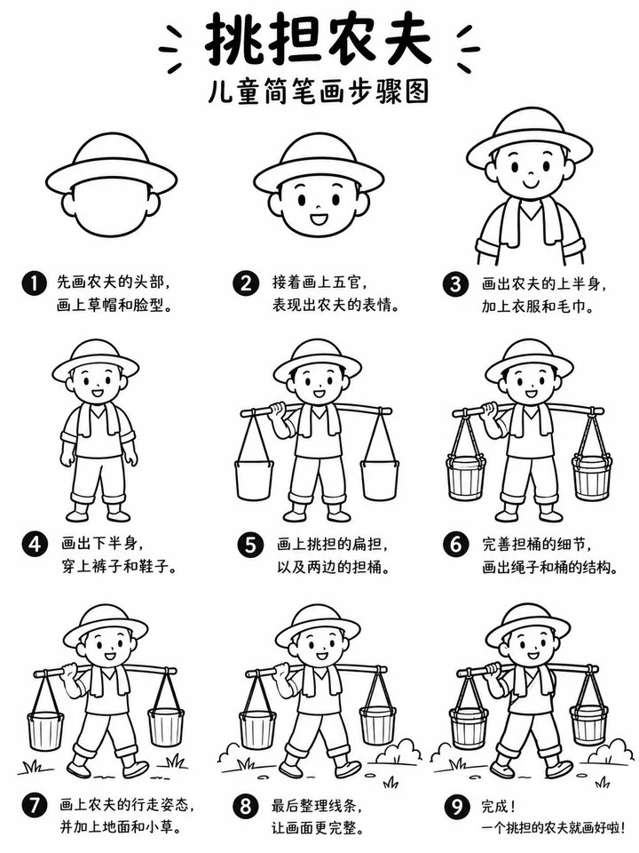 挑担农夫幼儿简笔画，八步画出劳作身影