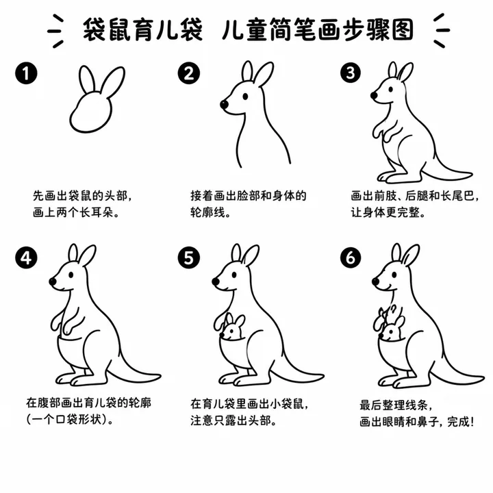 袋鼠育儿袋简笔画步骤图，绒毛感线条轻松勾勒