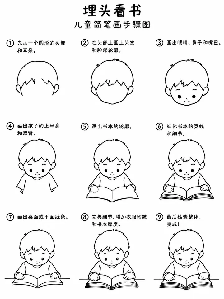 简笔画步骤图：教孩子画埋头看书