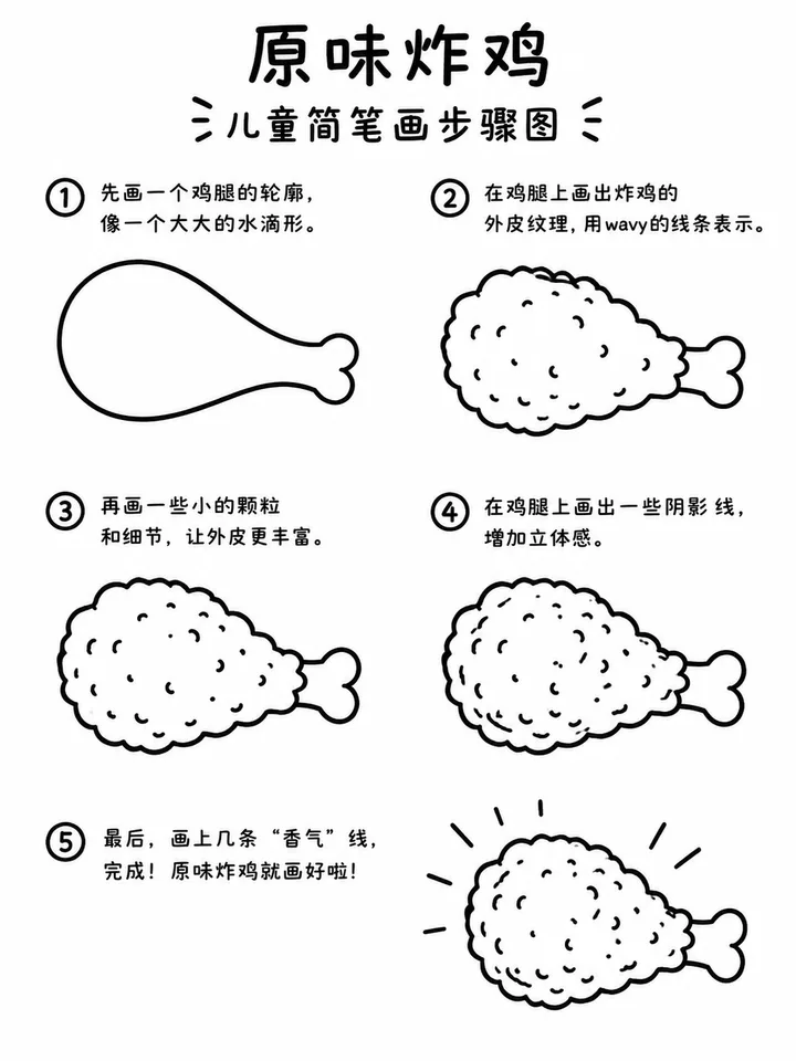 原味炸鸡简笔画大全，酥脆外皮纹理可照着描