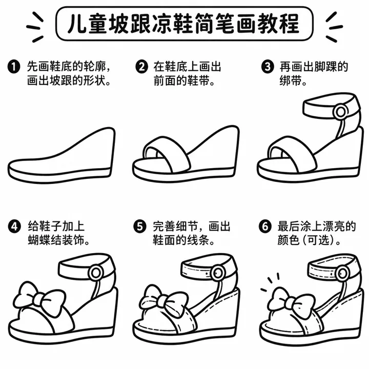 坡跟凉鞋简笔画图片大全，勾线填色都顺手