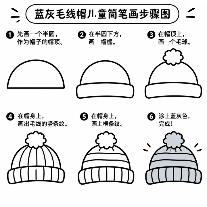 儿童简笔画软糯蓝灰毛线帽