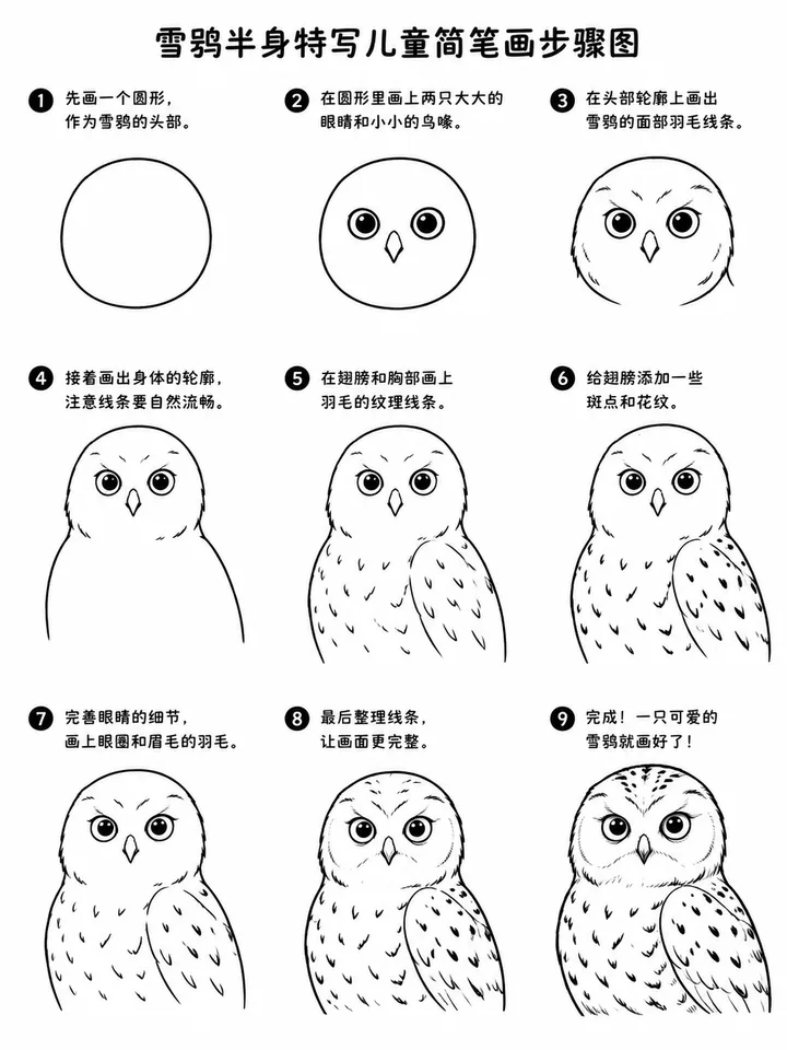 手绘简笔画入门：软萌雪鸮半身特写