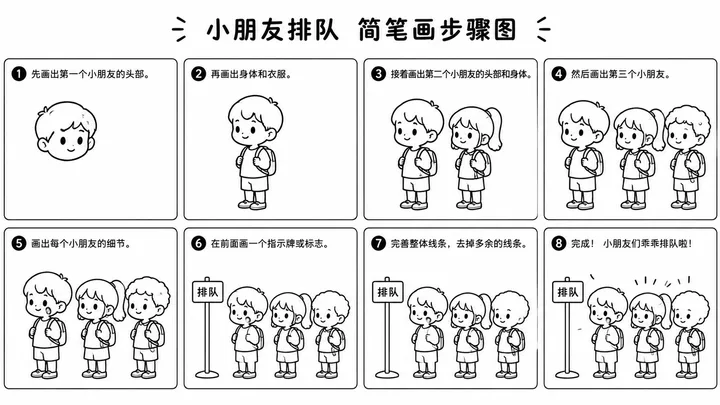 简笔画素描三孩排队全过程