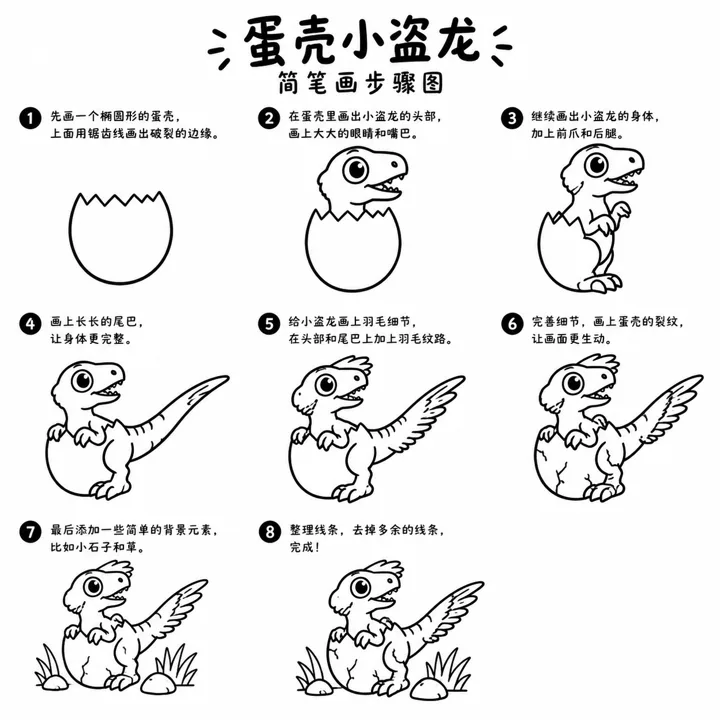 简笔画素描勾勒蛋壳小盗龙萌趣模样