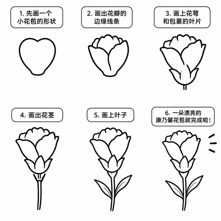 康乃馨花苞简笔画步骤图，落笔轻柔