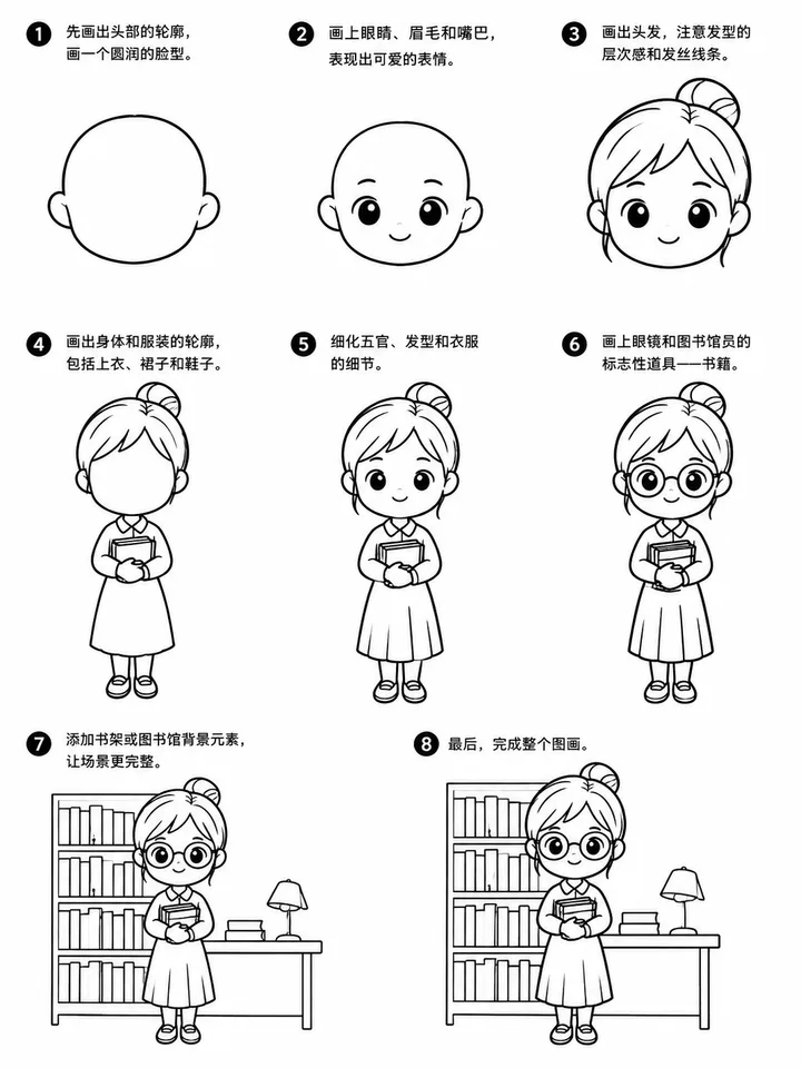 线条简笔画几步勾勒出斯文图书馆员形象