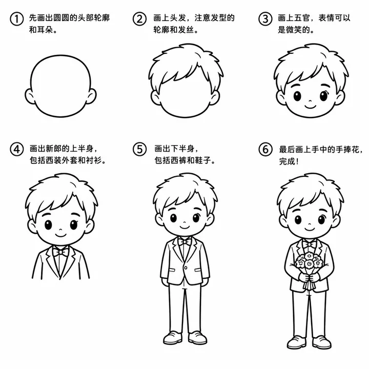 小学生简笔画 握住捧花的新郎