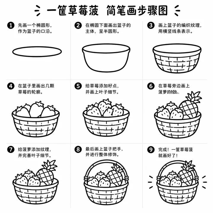 一筐草莓菠简笔画步骤图，新手也能画出果篮