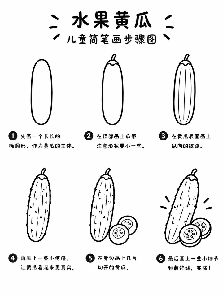 水果黄瓜线条简笔画 六步画出清新瓜香