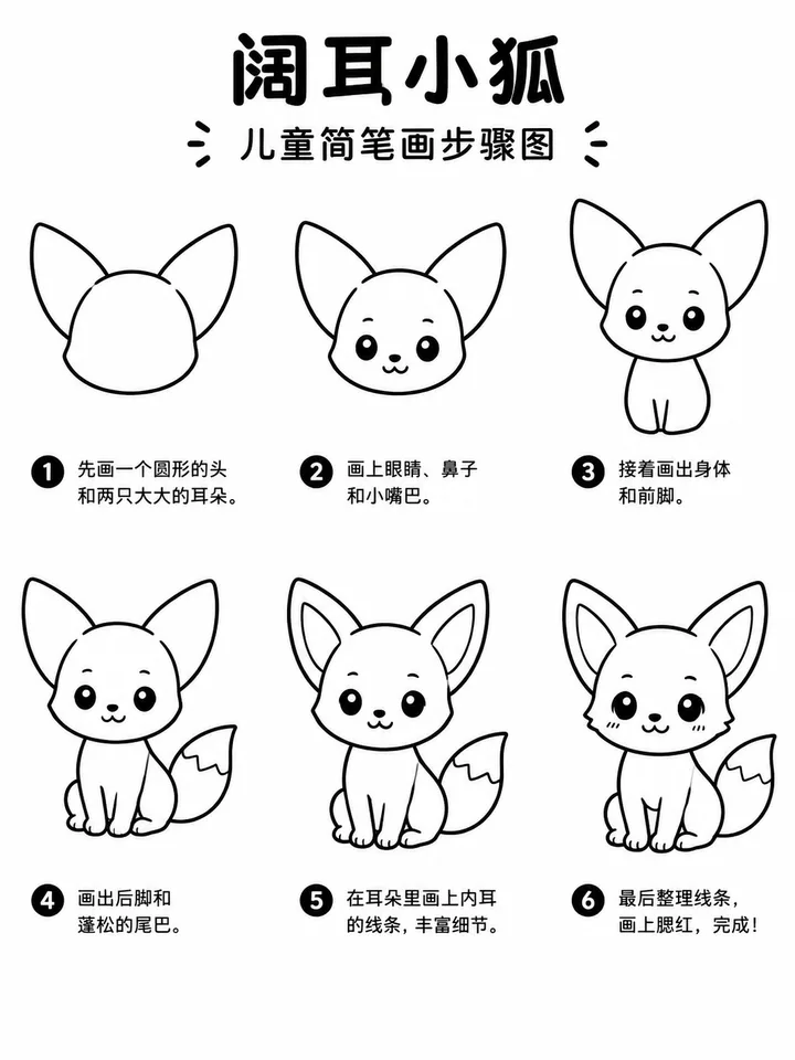 阔耳小狐简笔画大全，分步学画真轻松