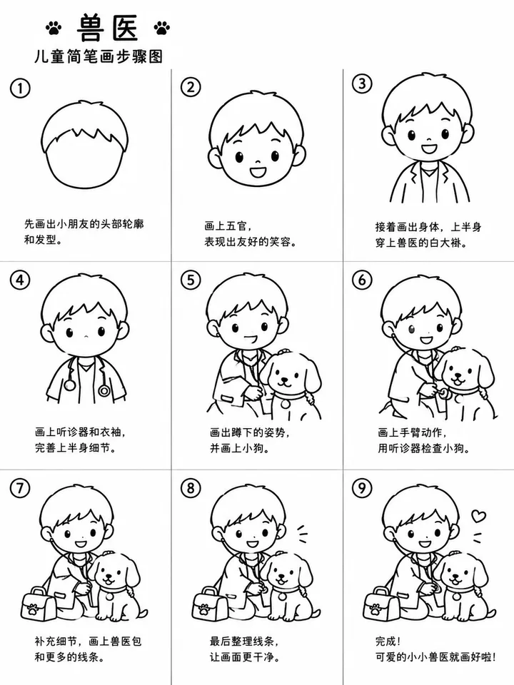 小朋友化身兽医的手绘简笔画范本